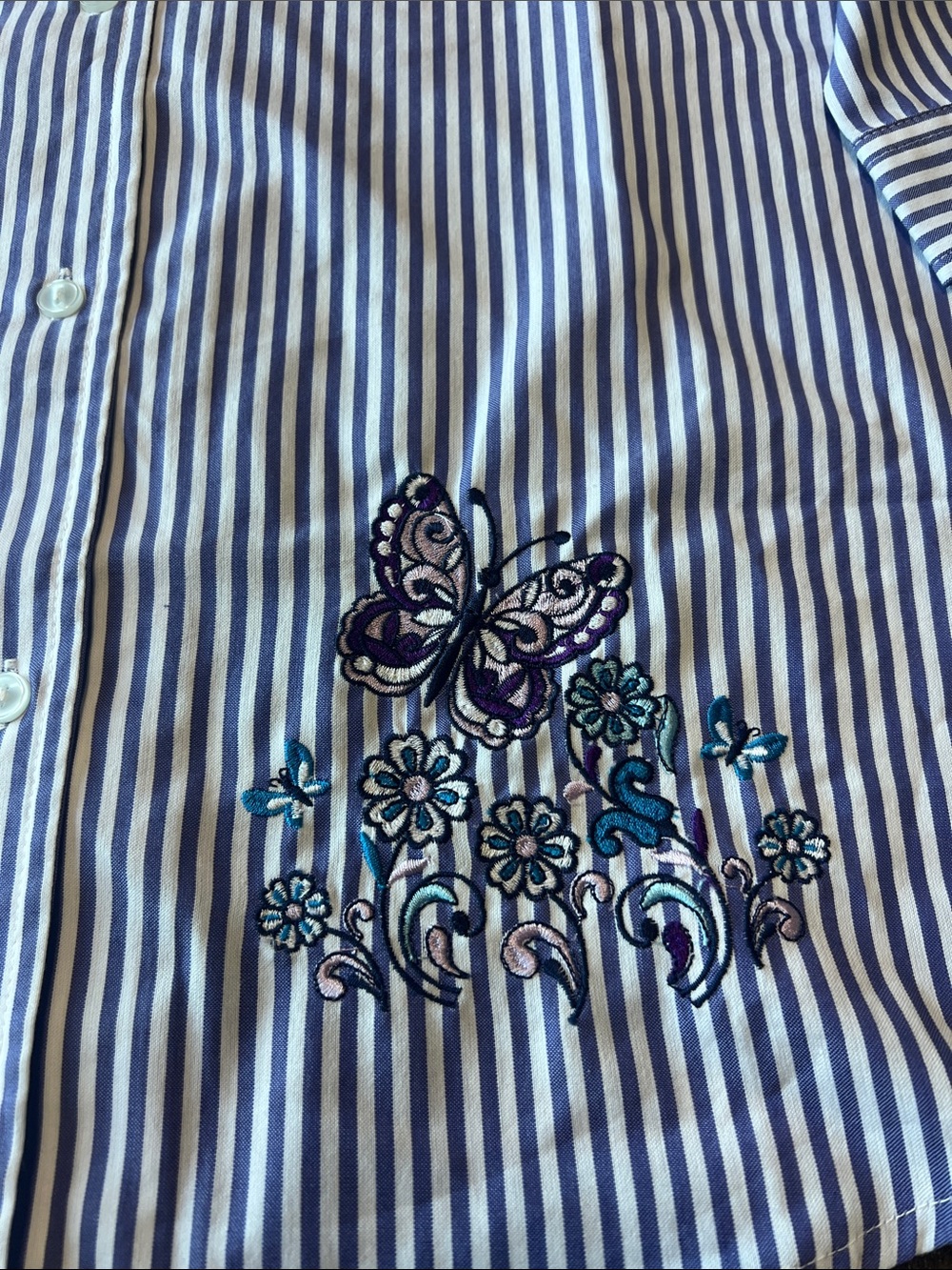 NWOT Blair Purple and White Striped Button-Down Shirt with Butterfly Embroidery - Picture 2 of 8